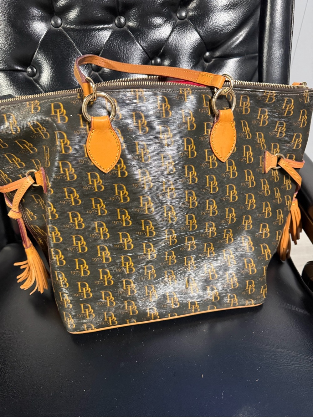 Dooney & Bourke Brown Monogram Tote with Tan Trim